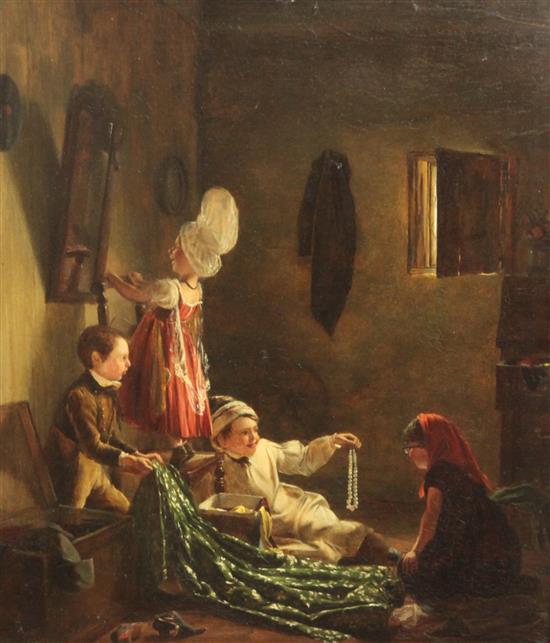Thomas Webster RA (1800-1886) Raiding the wardrobe 16 x 13.75in.